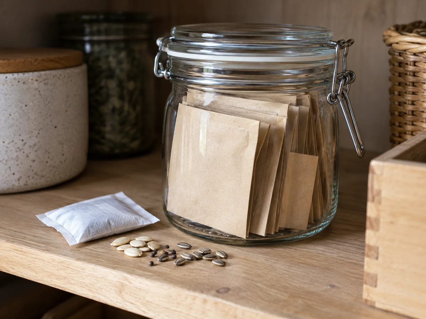 Labeled seed envelopes stored in a sealed glass jar illustrate a cool, dry way to organize saved garden seed.