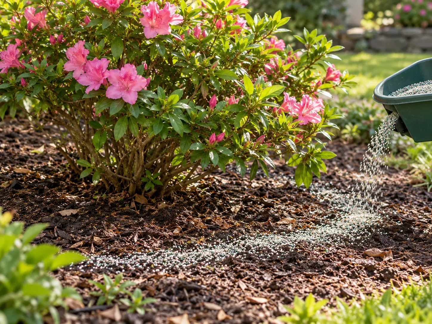Granular fertilizer spread in a light band around the outer root zone of a flowering azalea