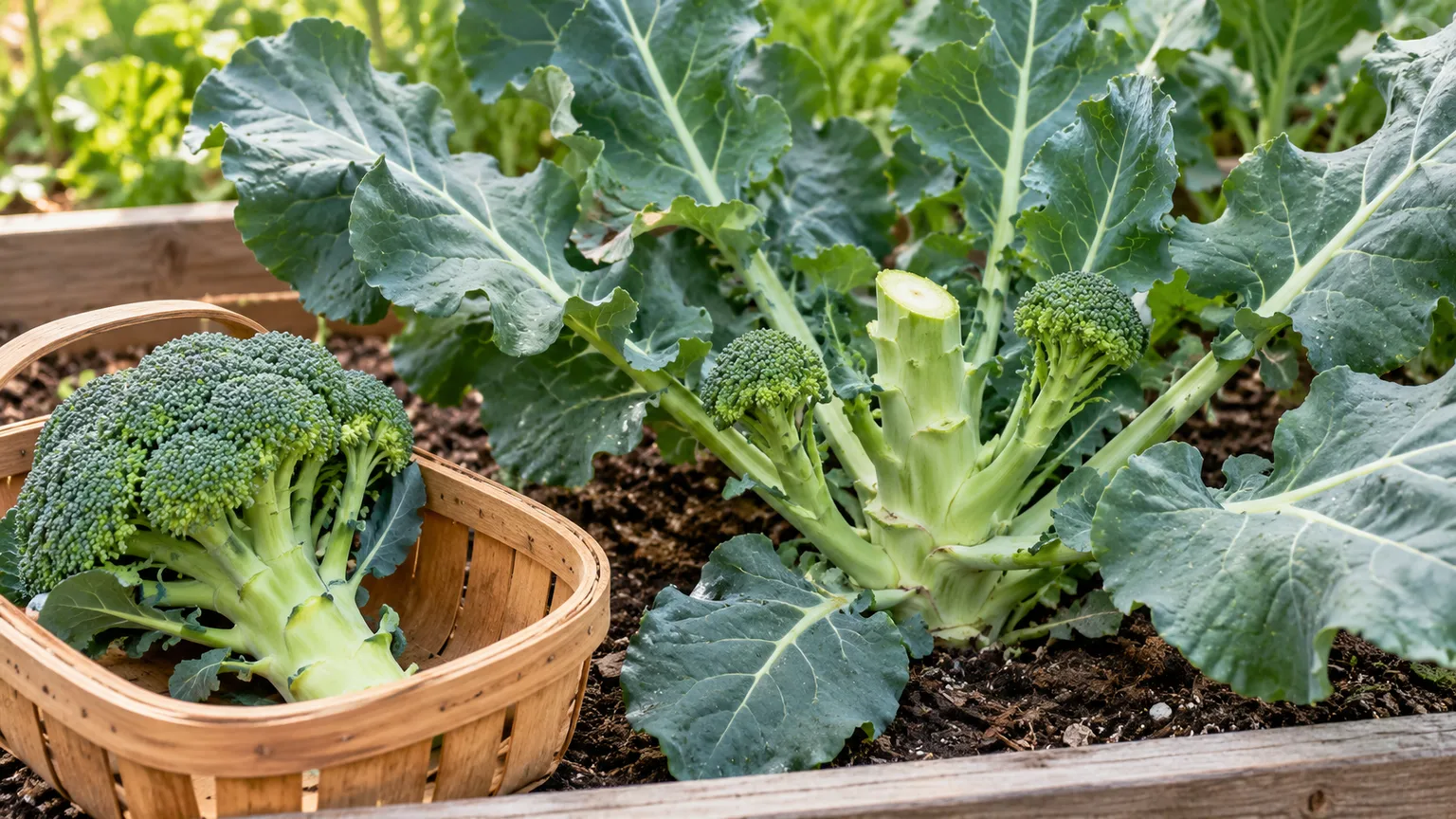 A freshly cut broccoli crown beside the remaining plant, with healthy leaves and side shoots left intact