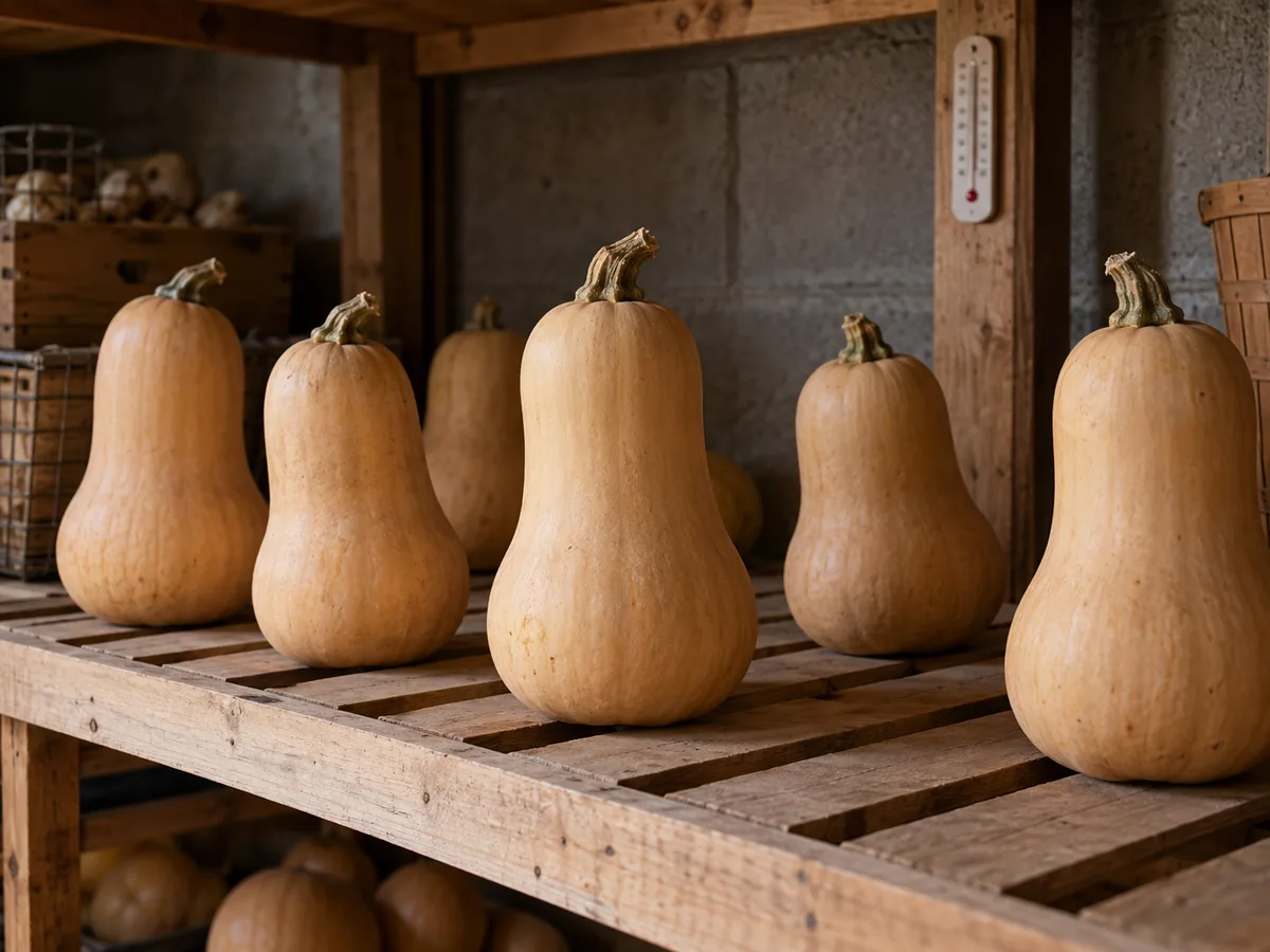 Mature butternut squash curing on a wooden rack in a cool storage space