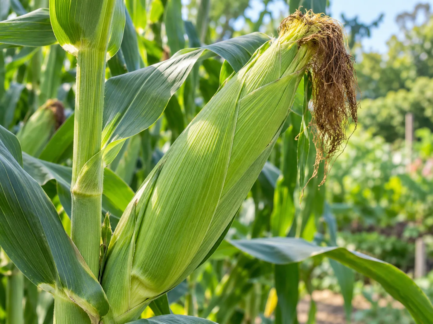 A full sweet-corn ear with green husks and dry brown silk still attached to the stalk