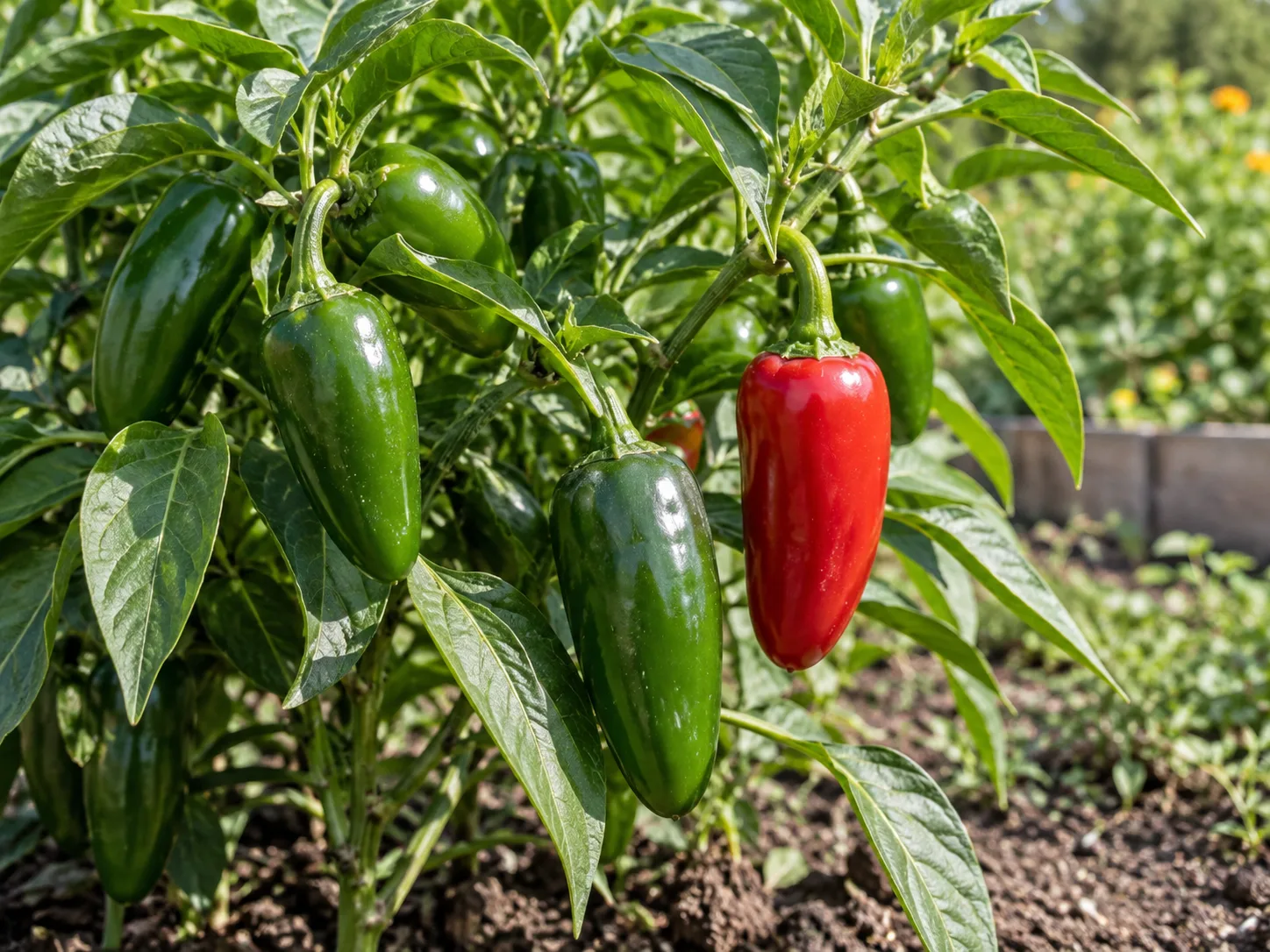 Firm, glossy green and red jalapeño peppers on a plant at different harvest stages