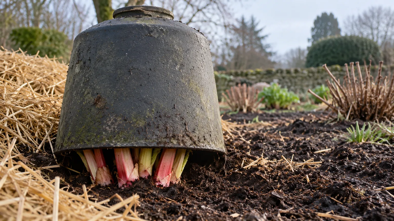 An opaque forcing pot covering a rhubarb crown in a late-winter garden bed