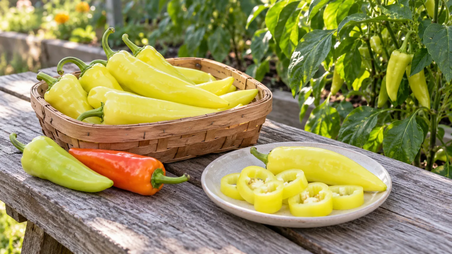 Firm yellow banana peppers in a garden harvest basket beside green and red stages, with sliced yellow rings ready for pickling.