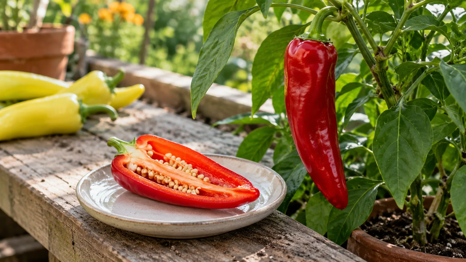 A fully red banana pepper remains on the plant while a second red pepper is split to show mature seeds beside yellow eating-stage fruit.