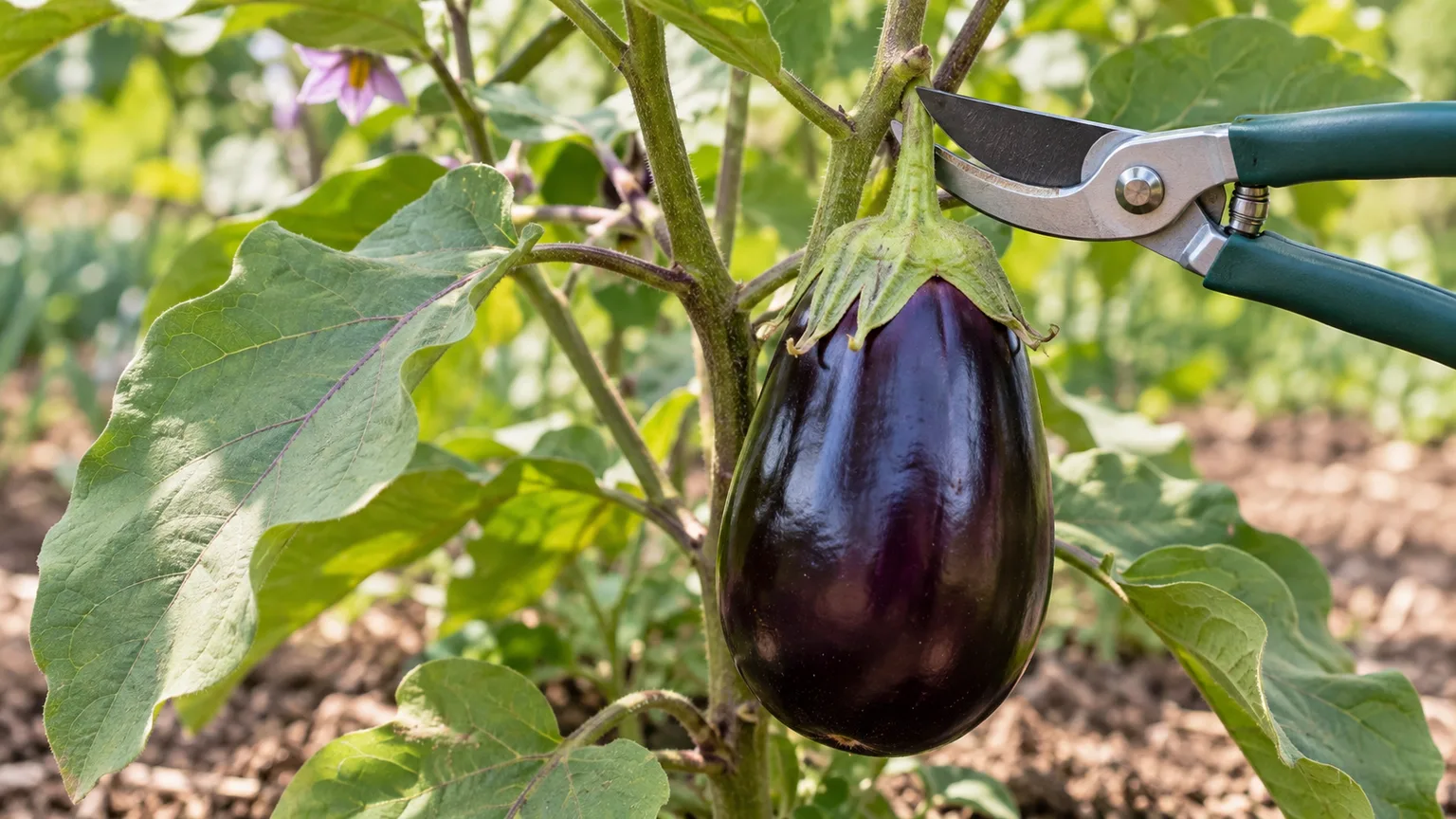 Pruning shears positioned above the calyx of a glossy eggplant ready to be harvested