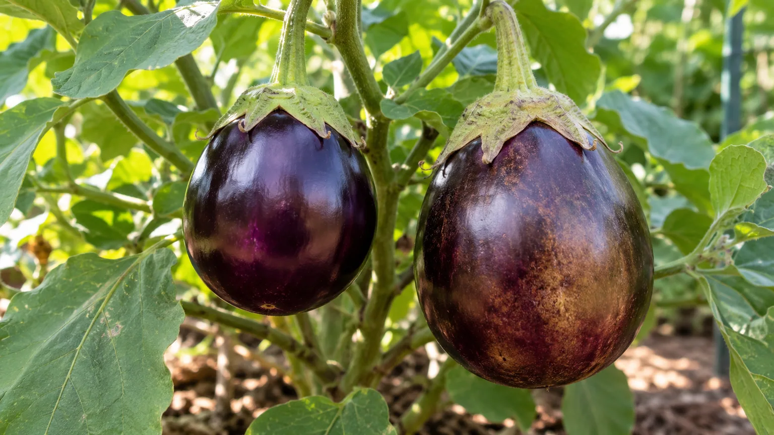 A glossy eggplant at eating maturity beside an overmature fruit with dull, bronze skin