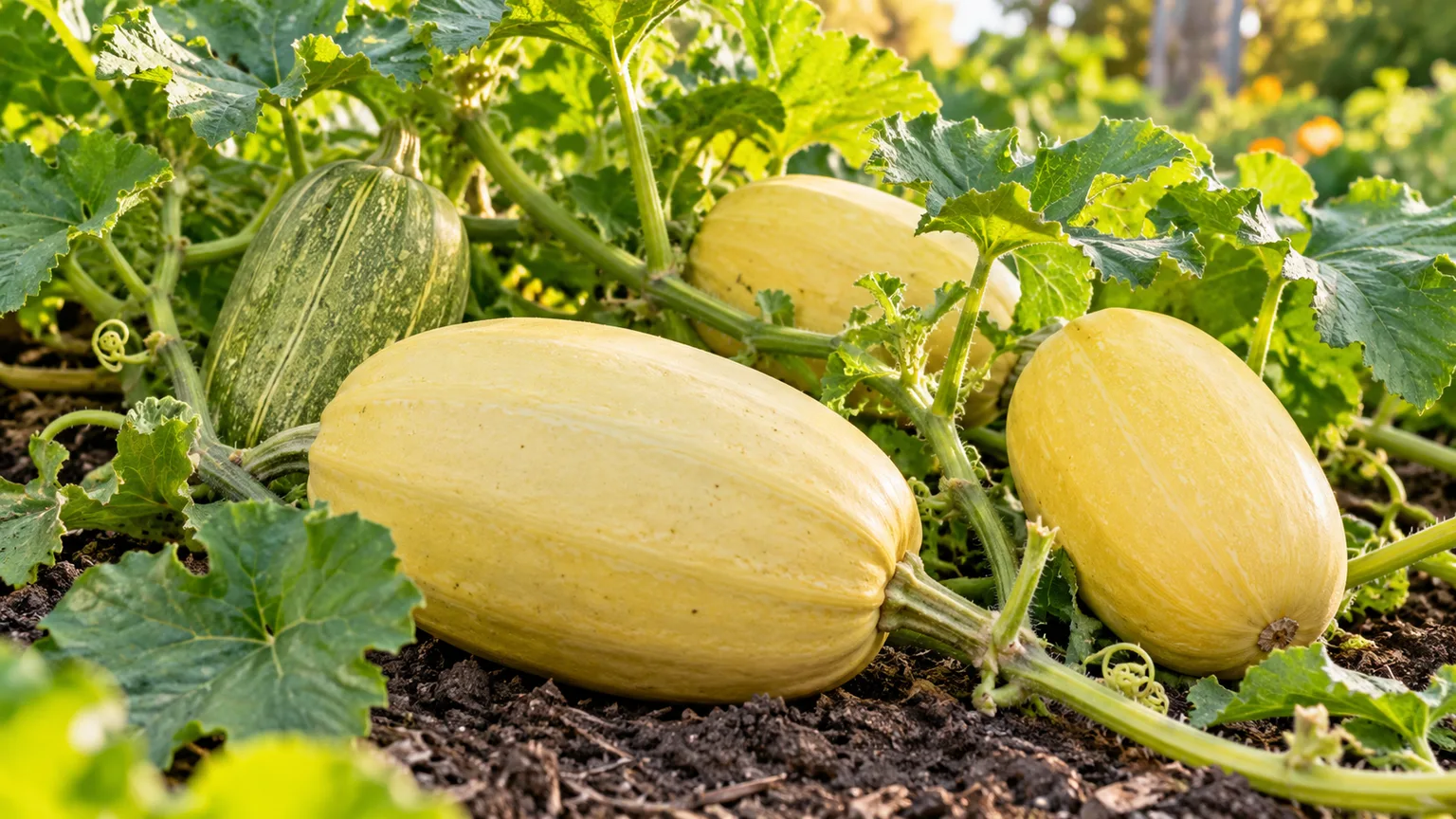 Ripe cream-yellow spaghetti squash growing on a garden vine