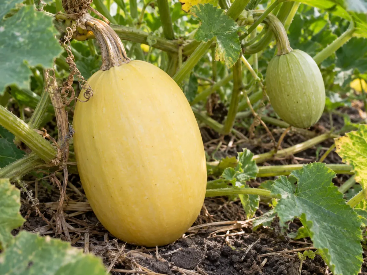 A mature yellow spaghetti squash and a younger green fruit growing on the same vine.