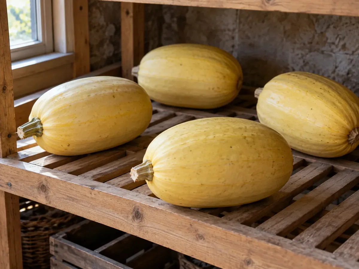 Mature spaghetti squash curing in a single layer on a ventilated wooden shelf.