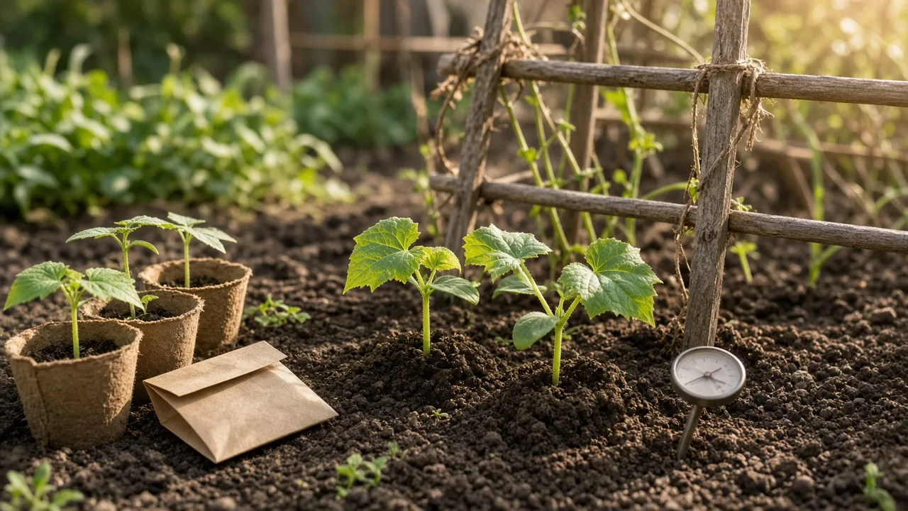 Young cucumber seedlings in warm garden soil beside a simple trellis