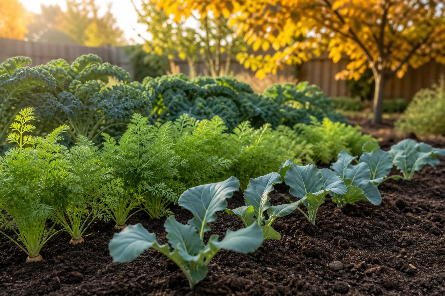 Carrots and leafy brassicas growing in an autumn vegetable bed