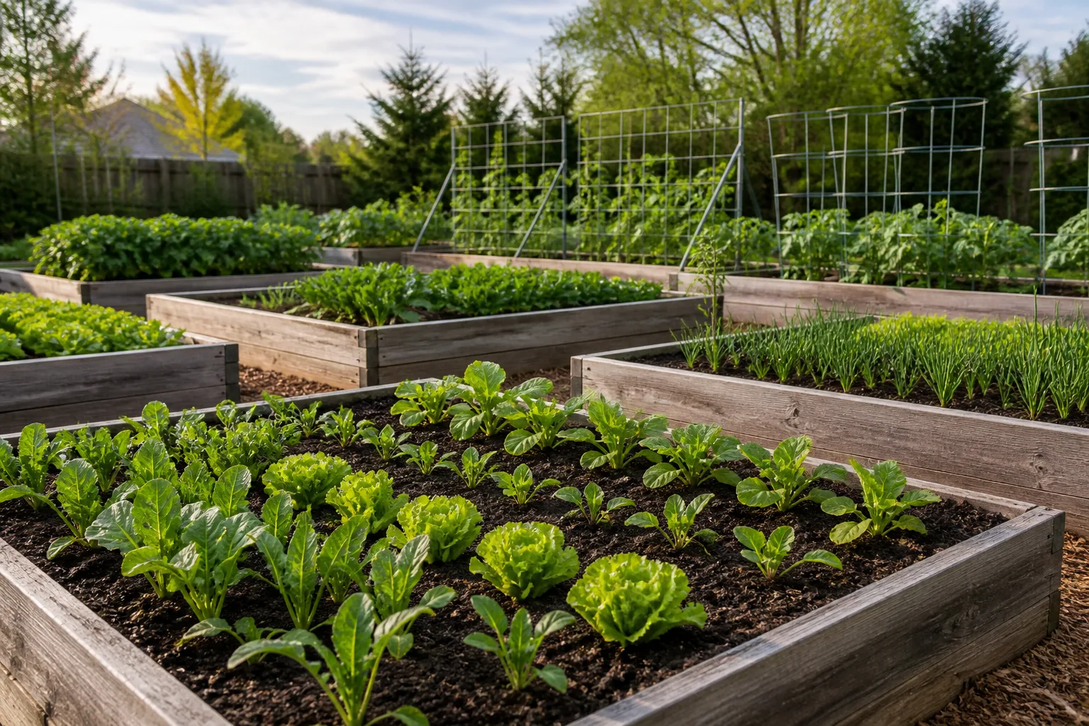 Productive vegetable garden with leafy crops growing in rich raised-bed soil