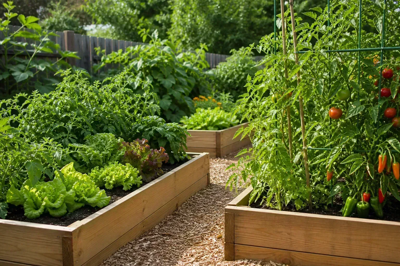 Productive raised garden beds filled with leafy greens and fruiting vegetables