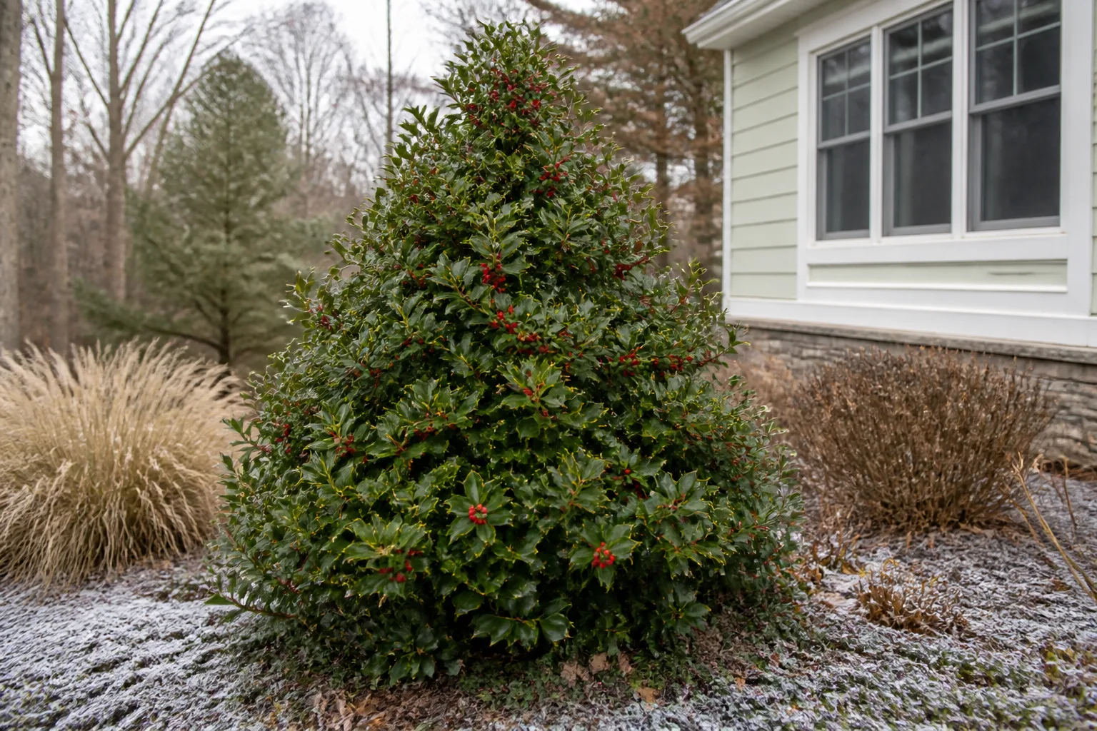 Mature evergreen holly shrub with red berries in a winter garden