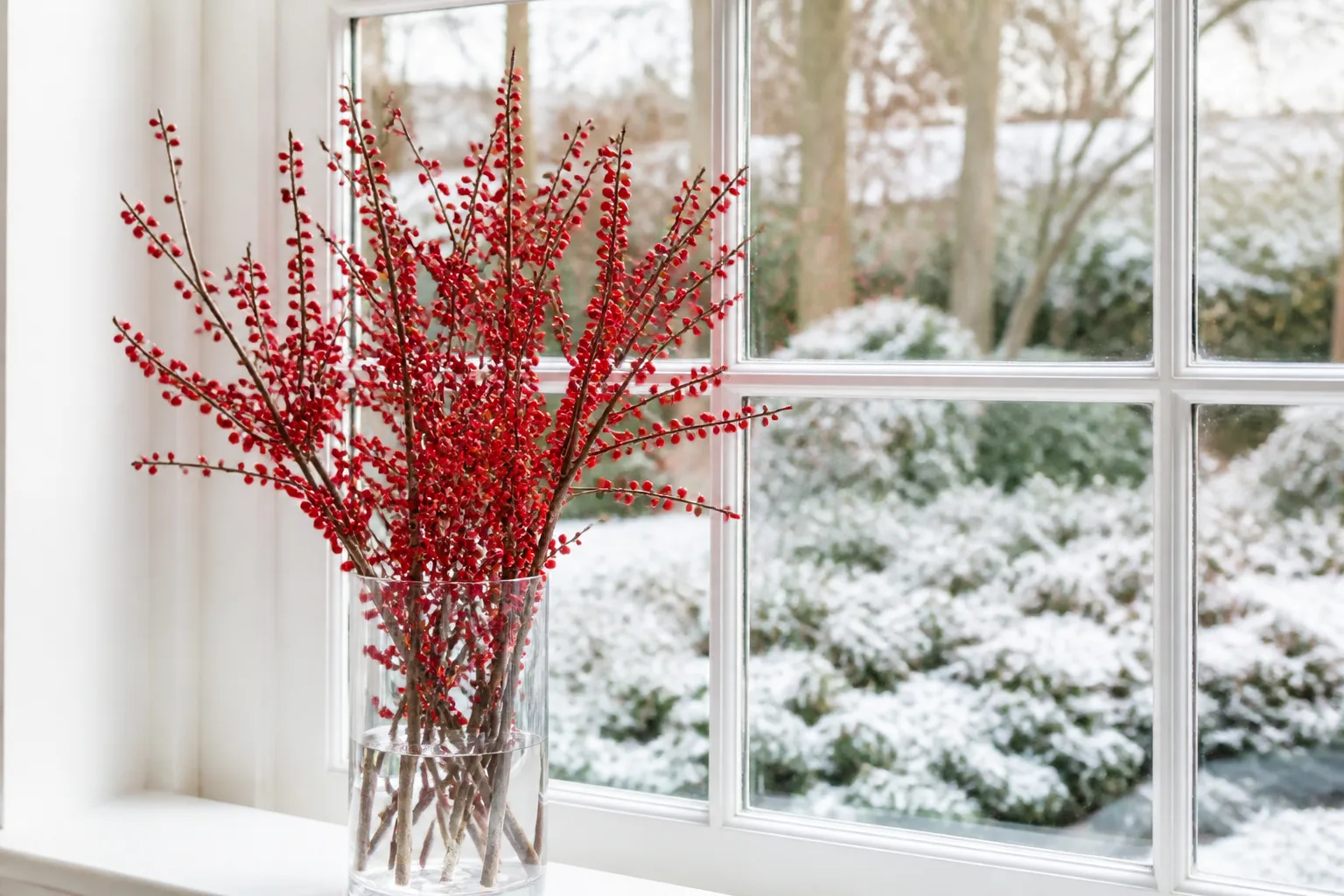 Winterberry stems with bright red fruit displayed indoors