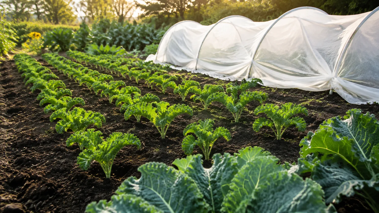 Young kale in an outdoor bed with a white frost cover ready to protect the crop
