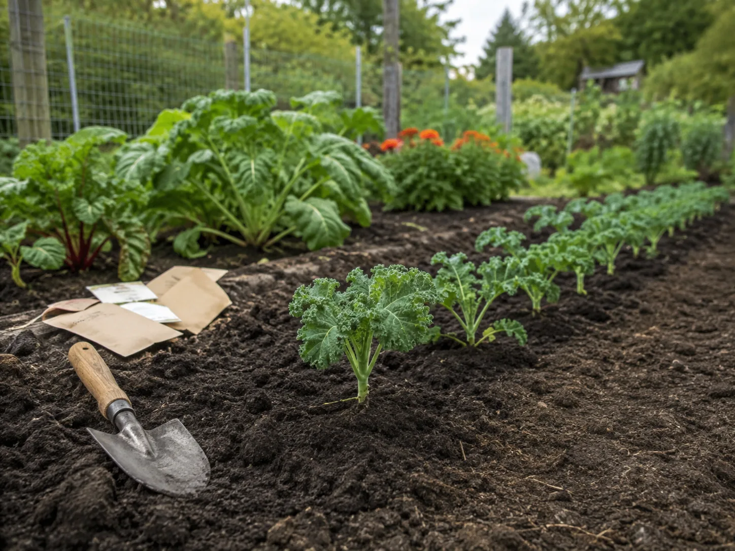 Kale seedlings and young plants spaced in a fall garden bed