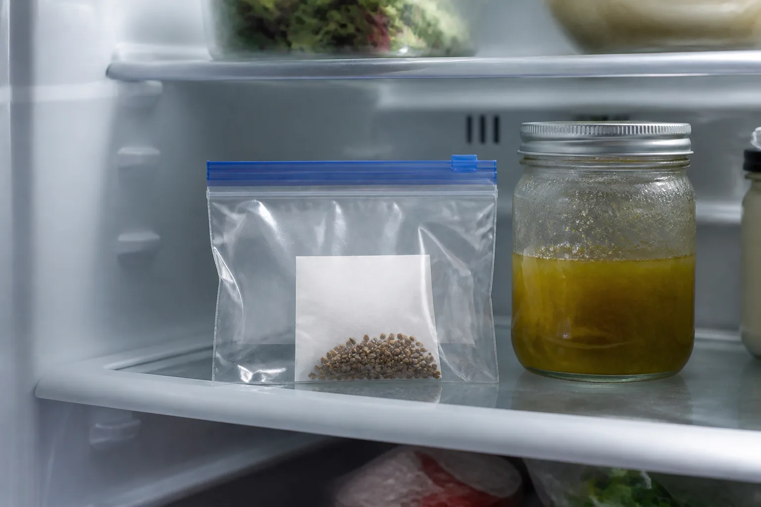 A labeled packet of strawberry seed chilling in a refrigerator before sowing