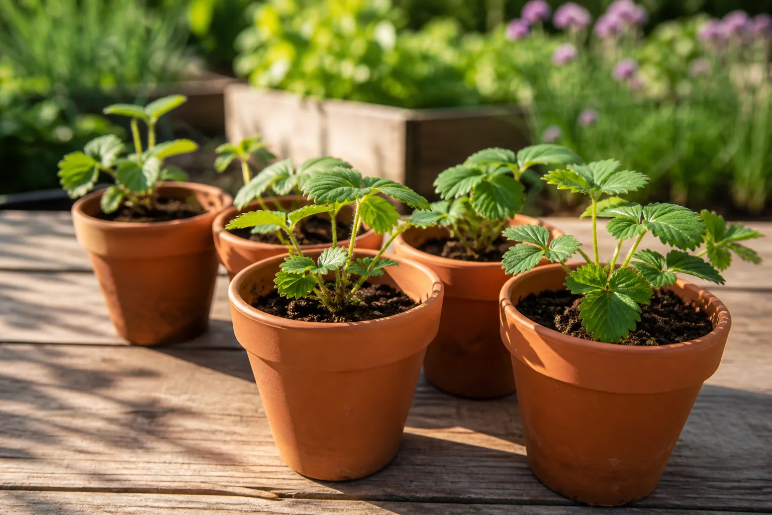 Young strawberry plants growing separately in pots before they are moved into a garden bed.