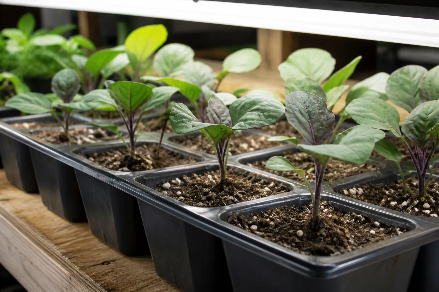 Pepper seedlings started indoors in small containers under bright light