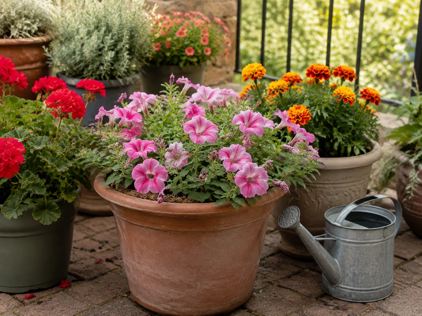 Potted annual flowers on a patio with a watering can after the last feeding