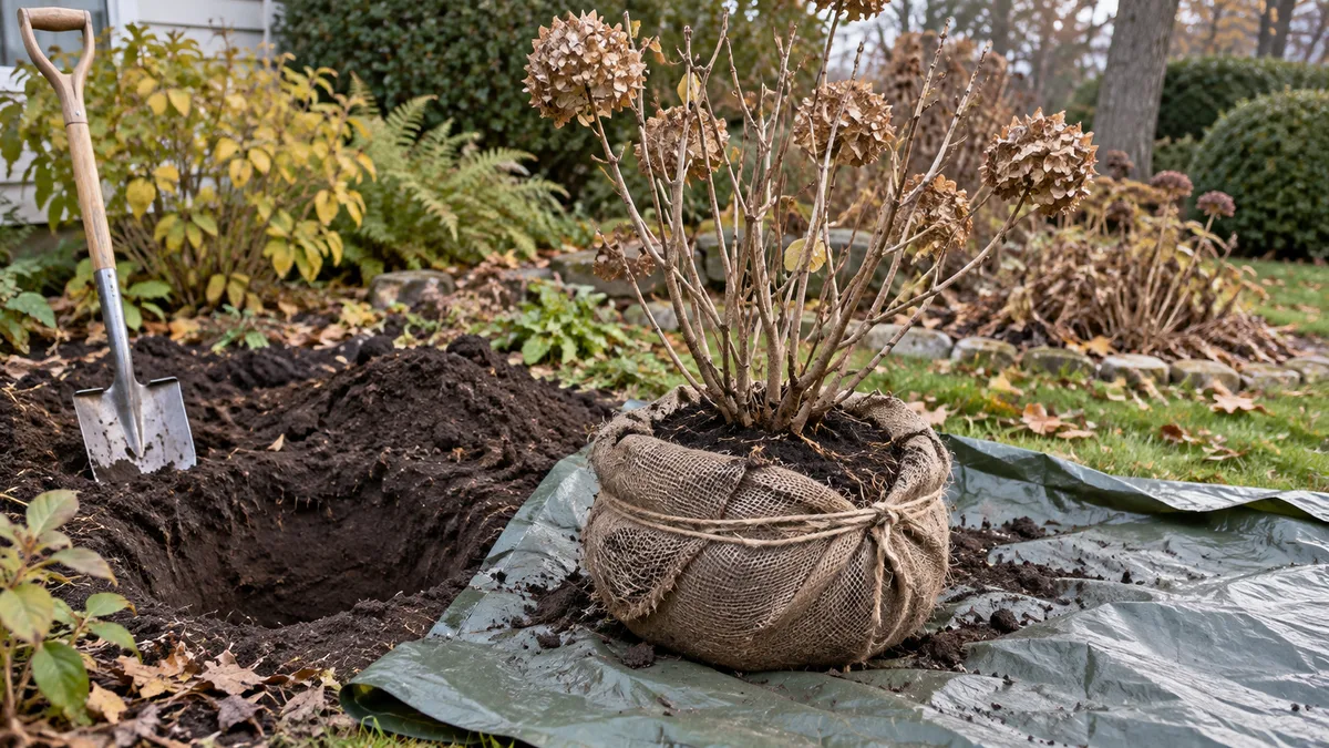 Hydrangea shrub dug with an intact burlap-wrapped root ball beside a prepared hole and tarp