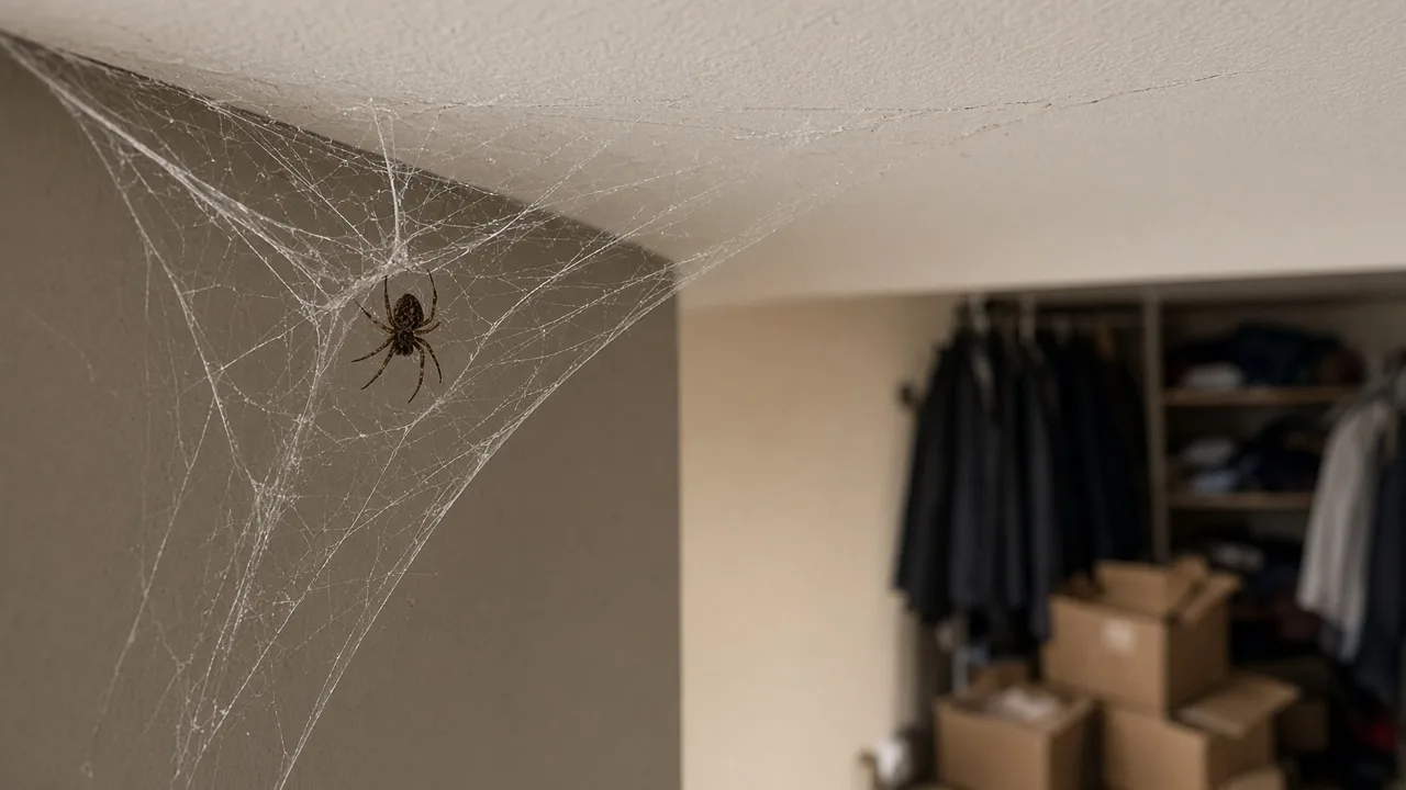 Spider on a web in a dim storage corner beside cardboard boxes