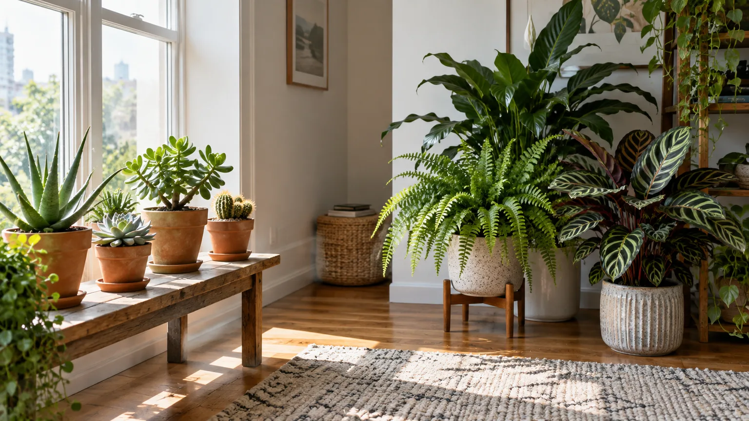 Separate bright-light succulents and indirect-light tropical houseplants in distinct indoor care zones