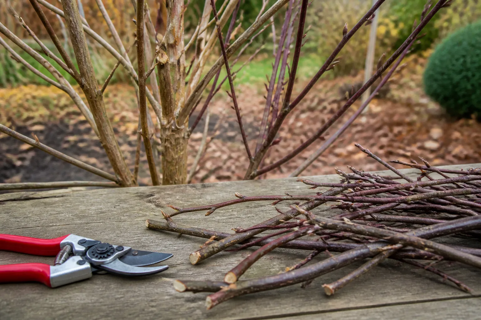 Pruning shears beside cut shrub branches on a garden bench