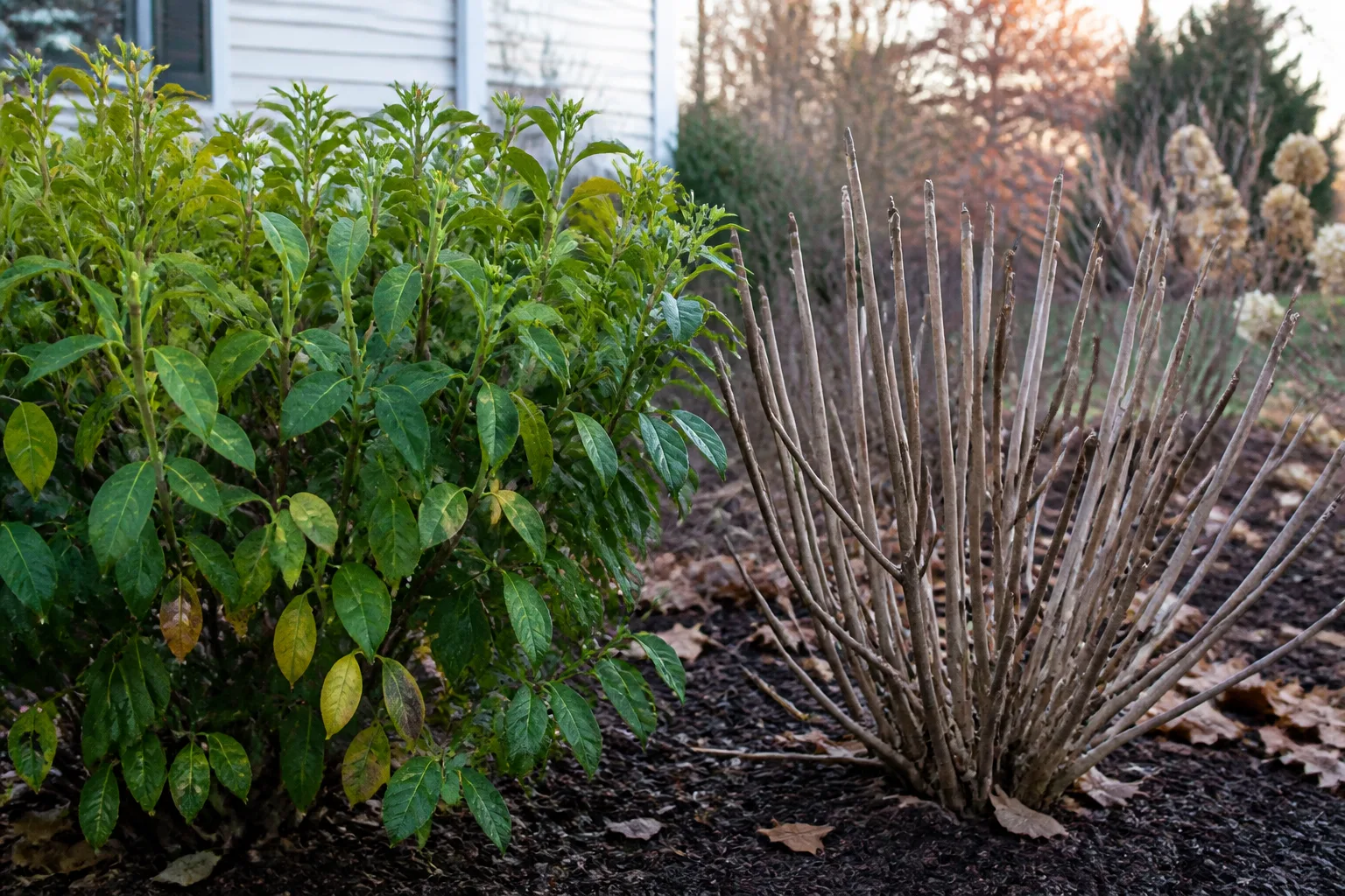 Flowering shrubs shown at different pruning stages for seasonal timing