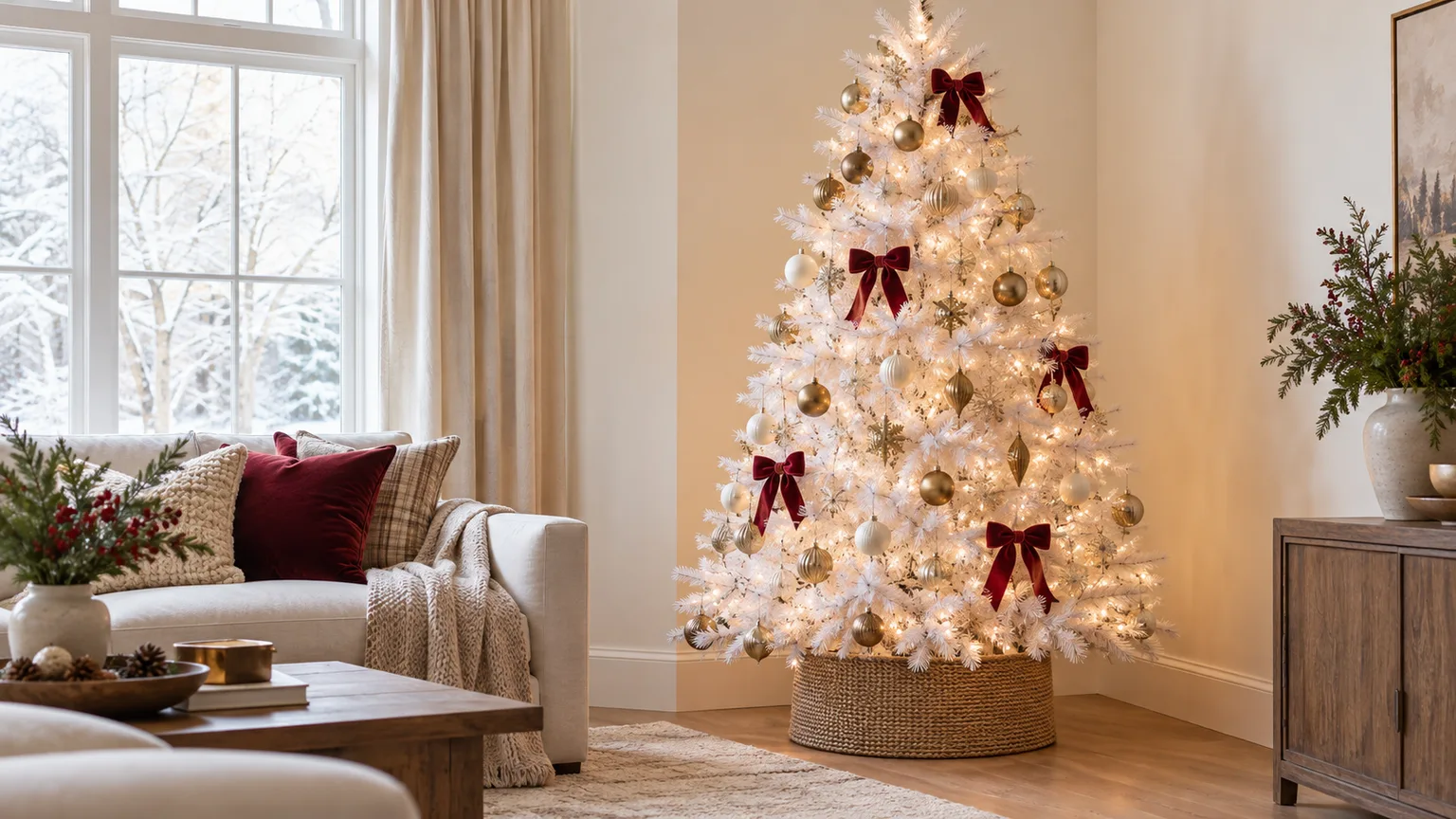 A bright white Christmas tree with warm lights, red velvet bows, and gold ornaments.