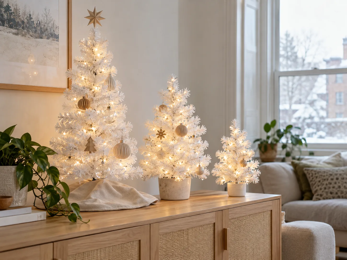Three miniature white Christmas trees in staggered heights on a sideboard.