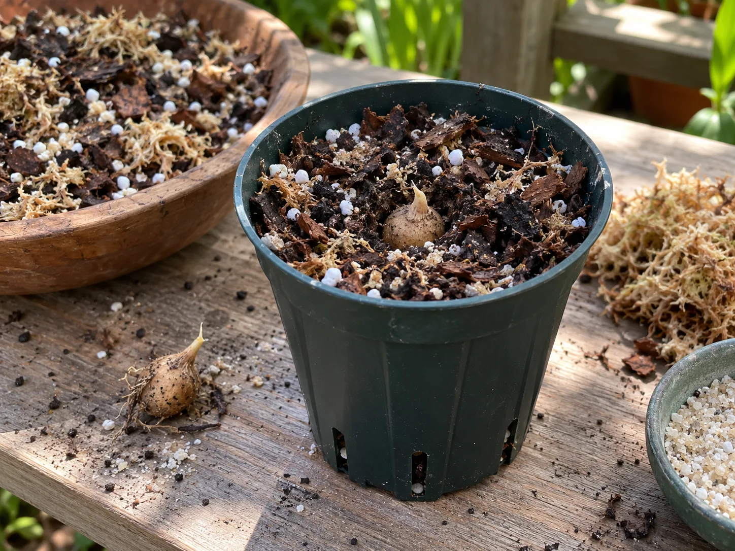 Dormant white egret orchid tubers in an airy terrestrial-orchid medium, with one tuber planted shallowly