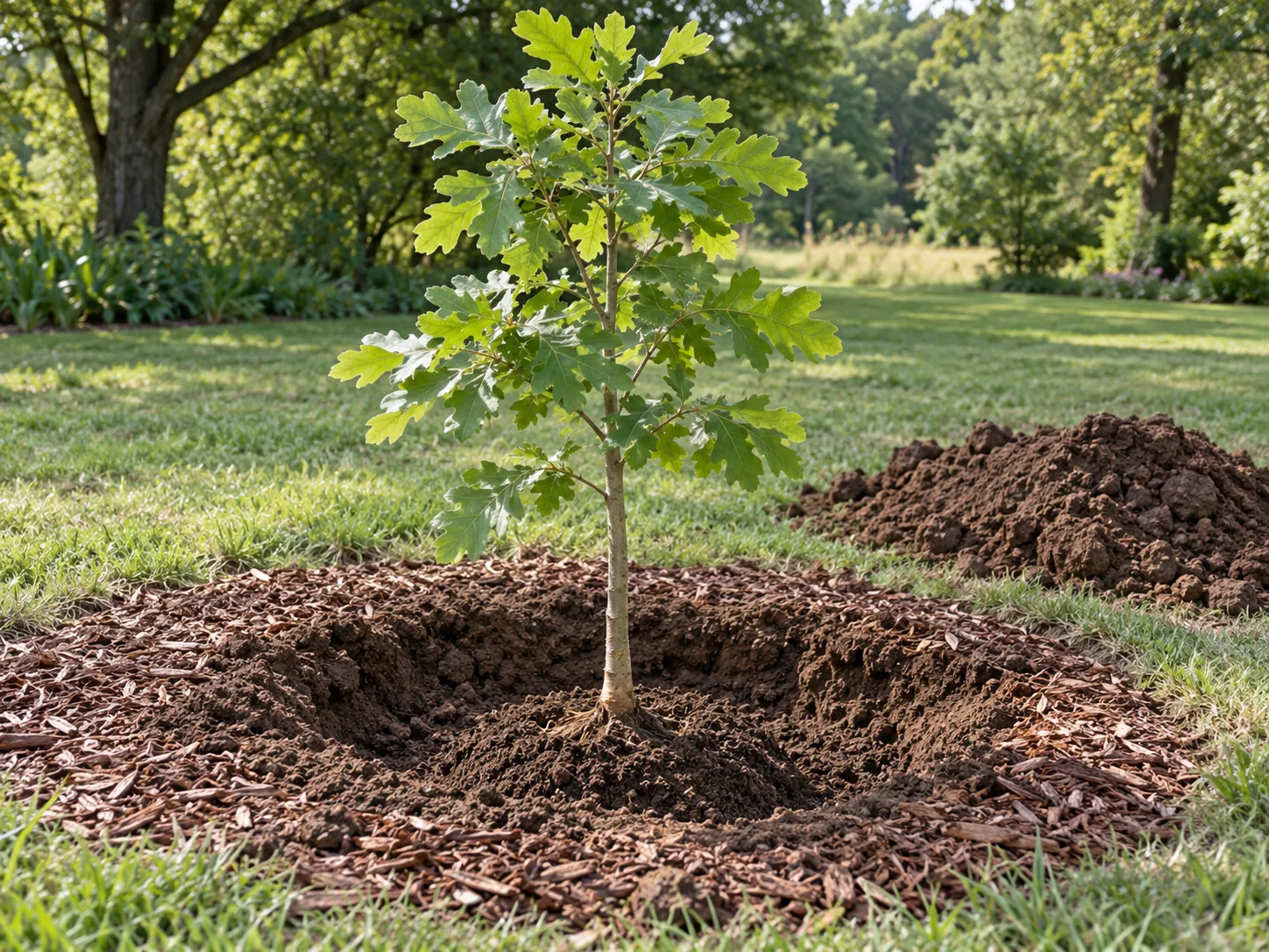 A young oak is set in a broad planting hole with mulch kept away from the trunk.