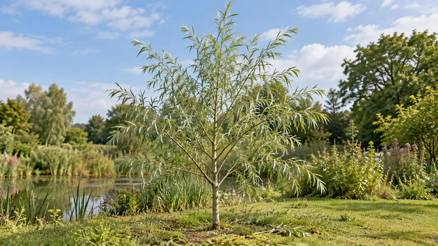 Young white willow with a visible central leader and open branch spacing near a pond margin