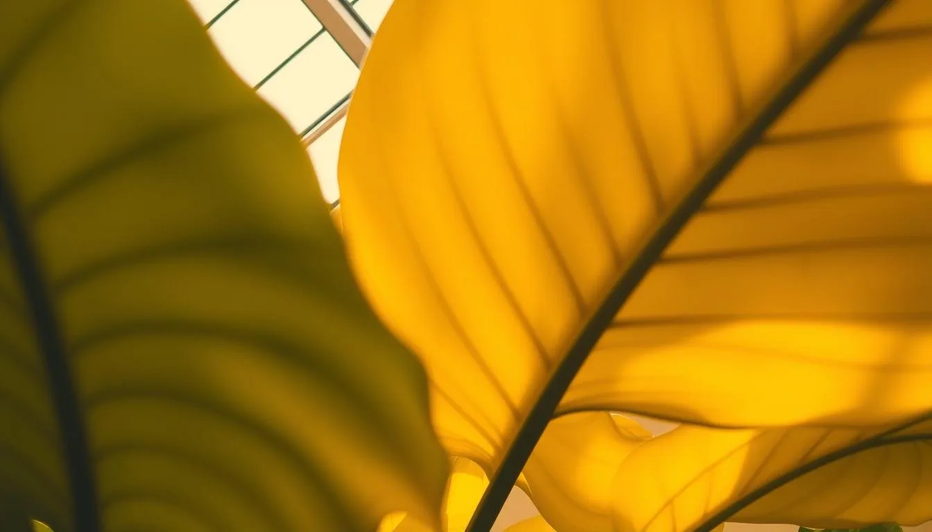 Yellow Monstera leaf beside healthy green foliage
