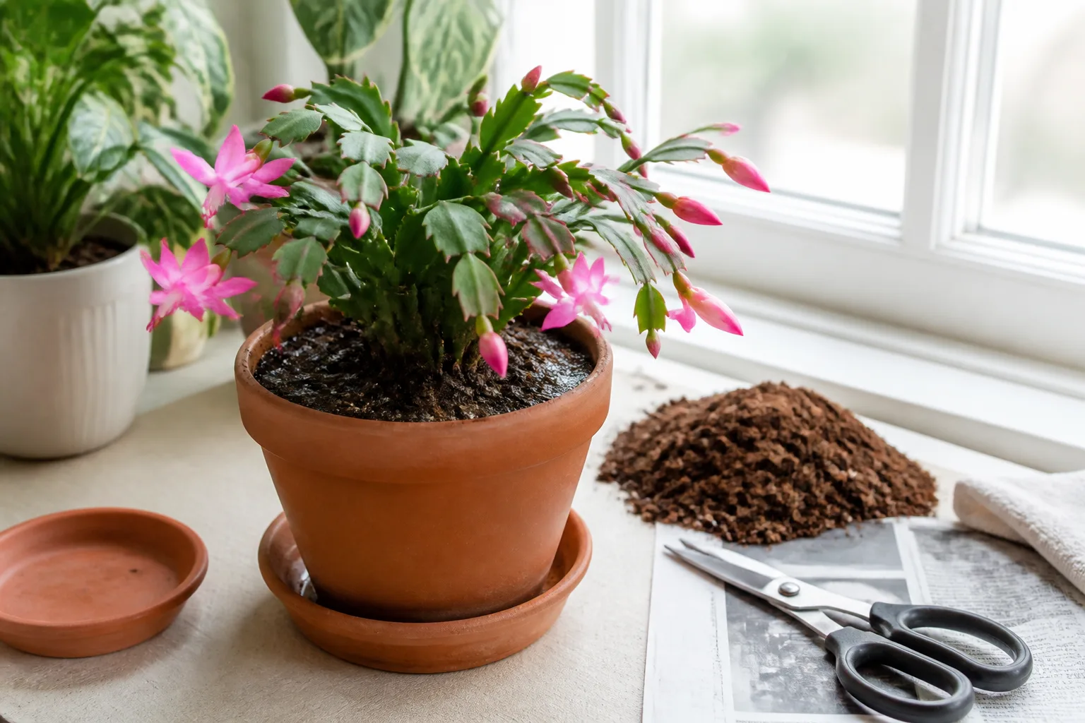 A Christmas cactus with buds, potting mix, and pruning tools ready for a careful symptom check