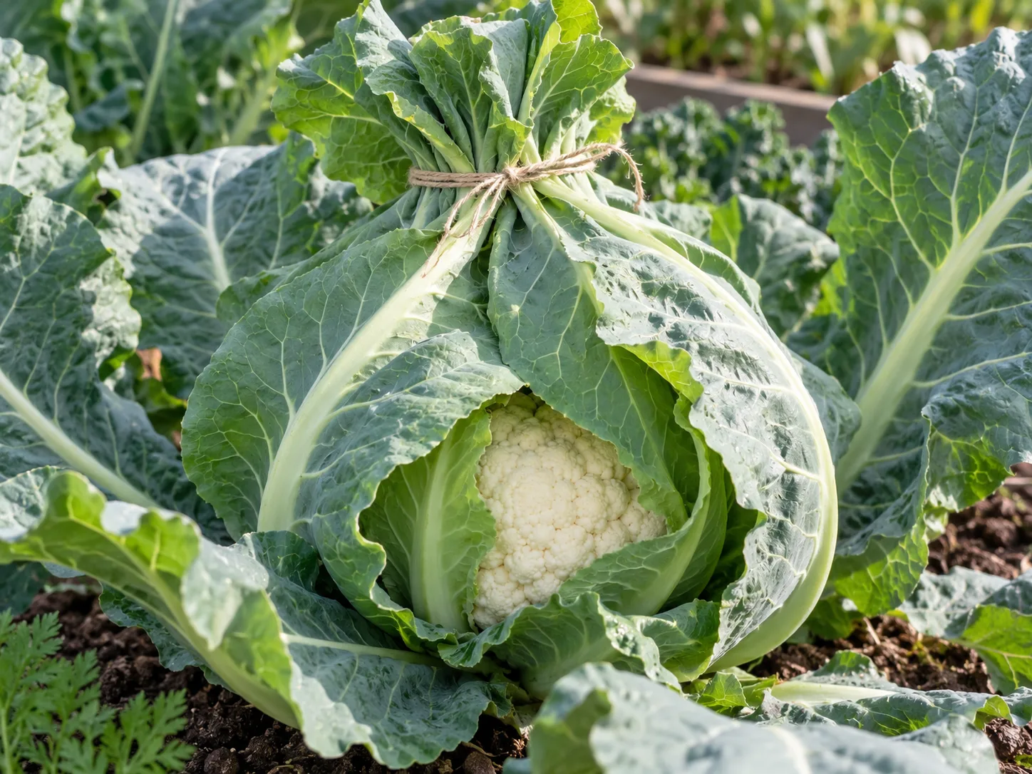 Outer leaves tied loosely over a white cauliflower curd to shade it while it develops.