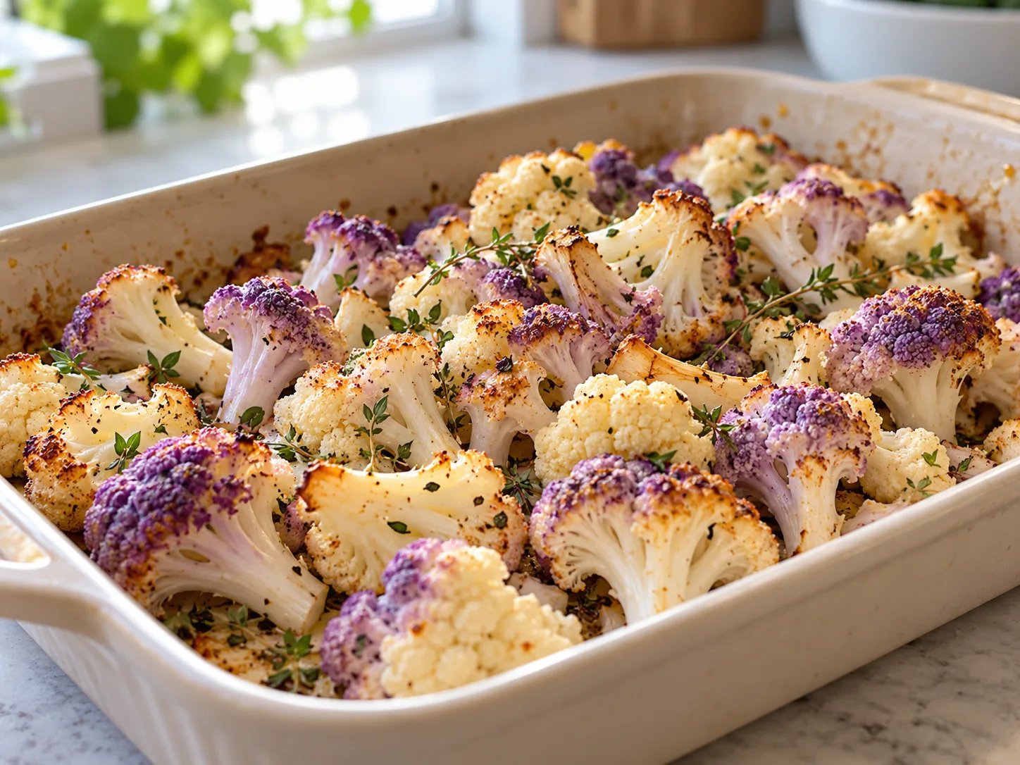 Roasted purple-blushed cauliflower florets with natural violet tones and lightly browned edges