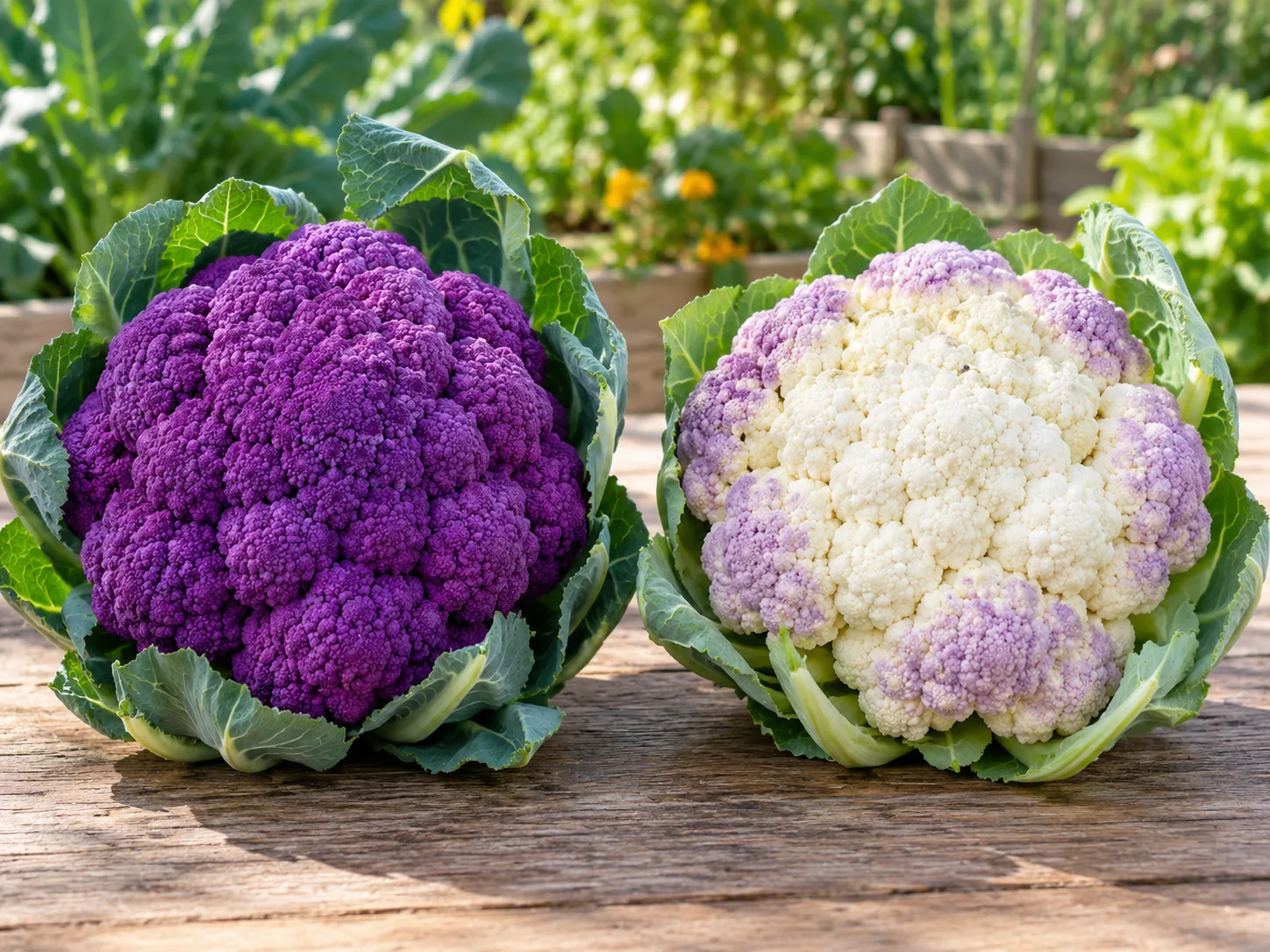 White and purple cauliflower cultivars show the range of colors and curd shapes available to gardeners.