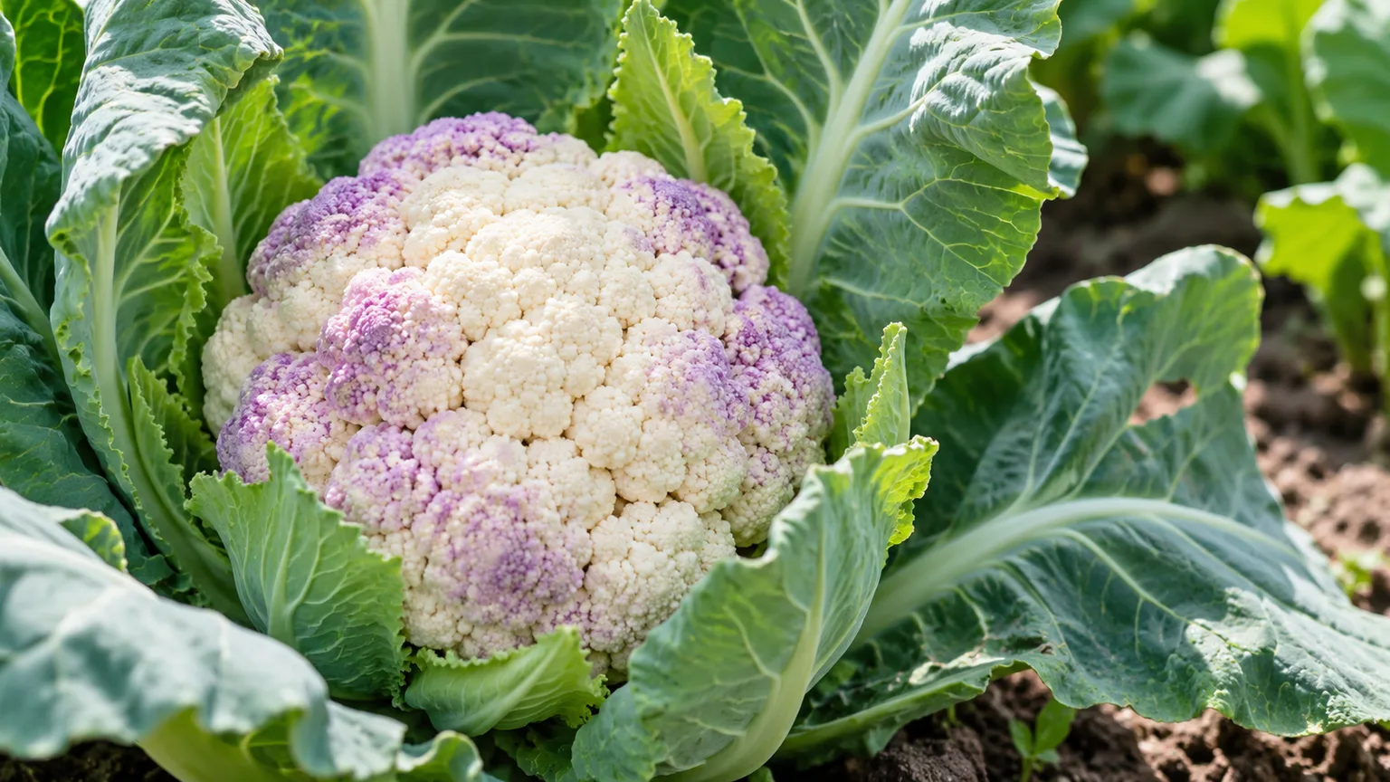 White cauliflower curd with natural purple anthocyanin blush on exposed florets in a garden