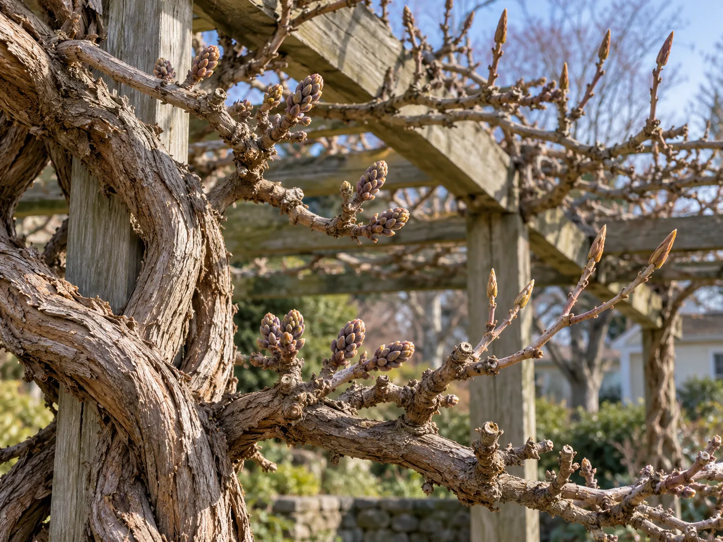 Rounded wisteria flower buds along dormant woody stems before winter pruning