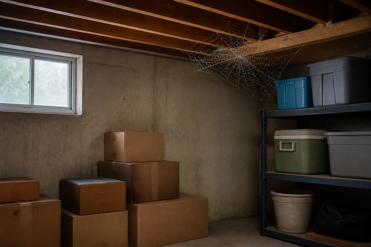 A spider web in the ceiling corner of a dim basement with stored boxes