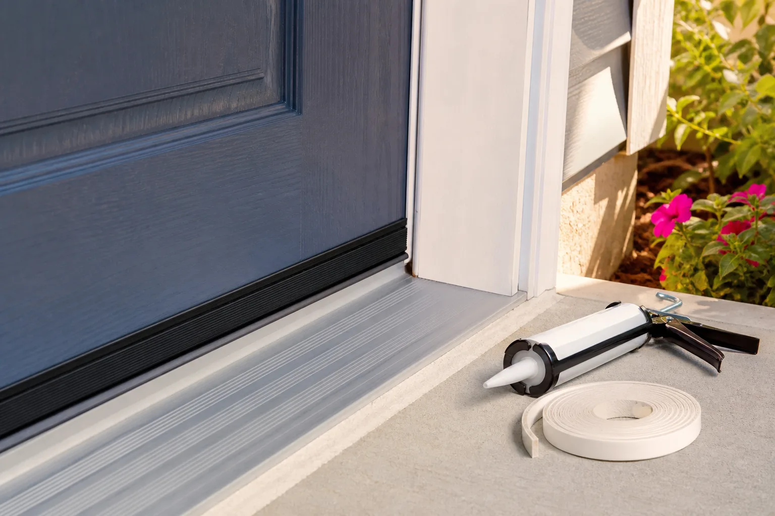 Caulking a gap around an exterior door frame to block spider entry