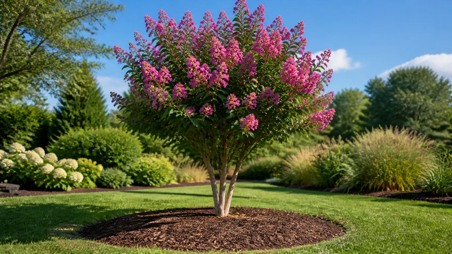 Crape myrtle tree with summer blooms in a sunny southern garden