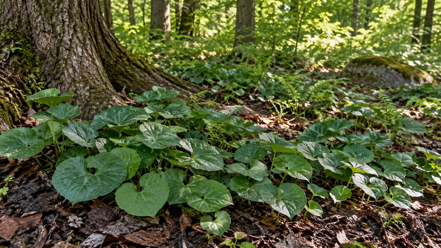 Wild ginger forming a low layer beneath woodland trees