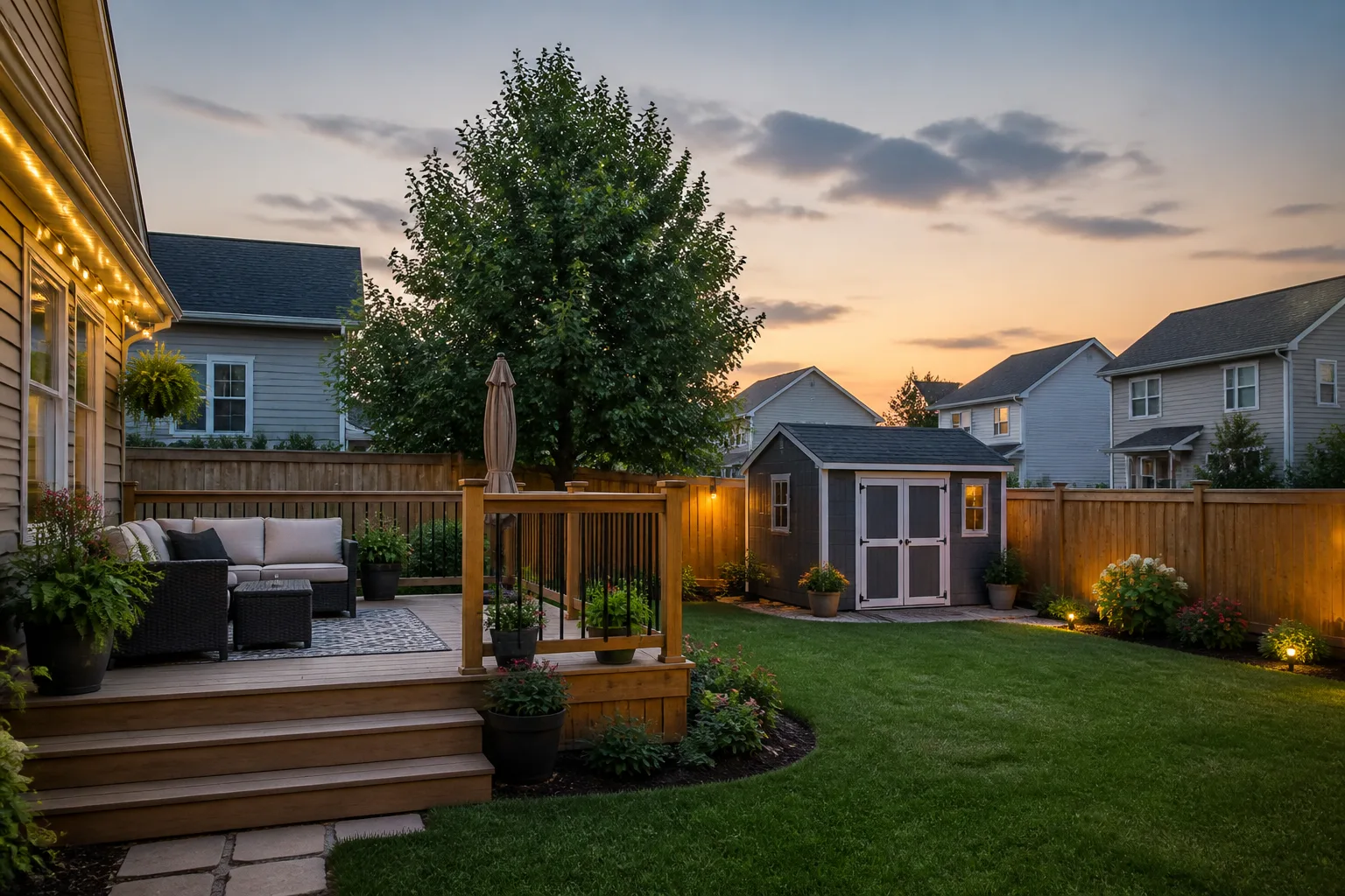 Suburban backyard at dusk with wooden deck and garden shed where skunks may seek shelter