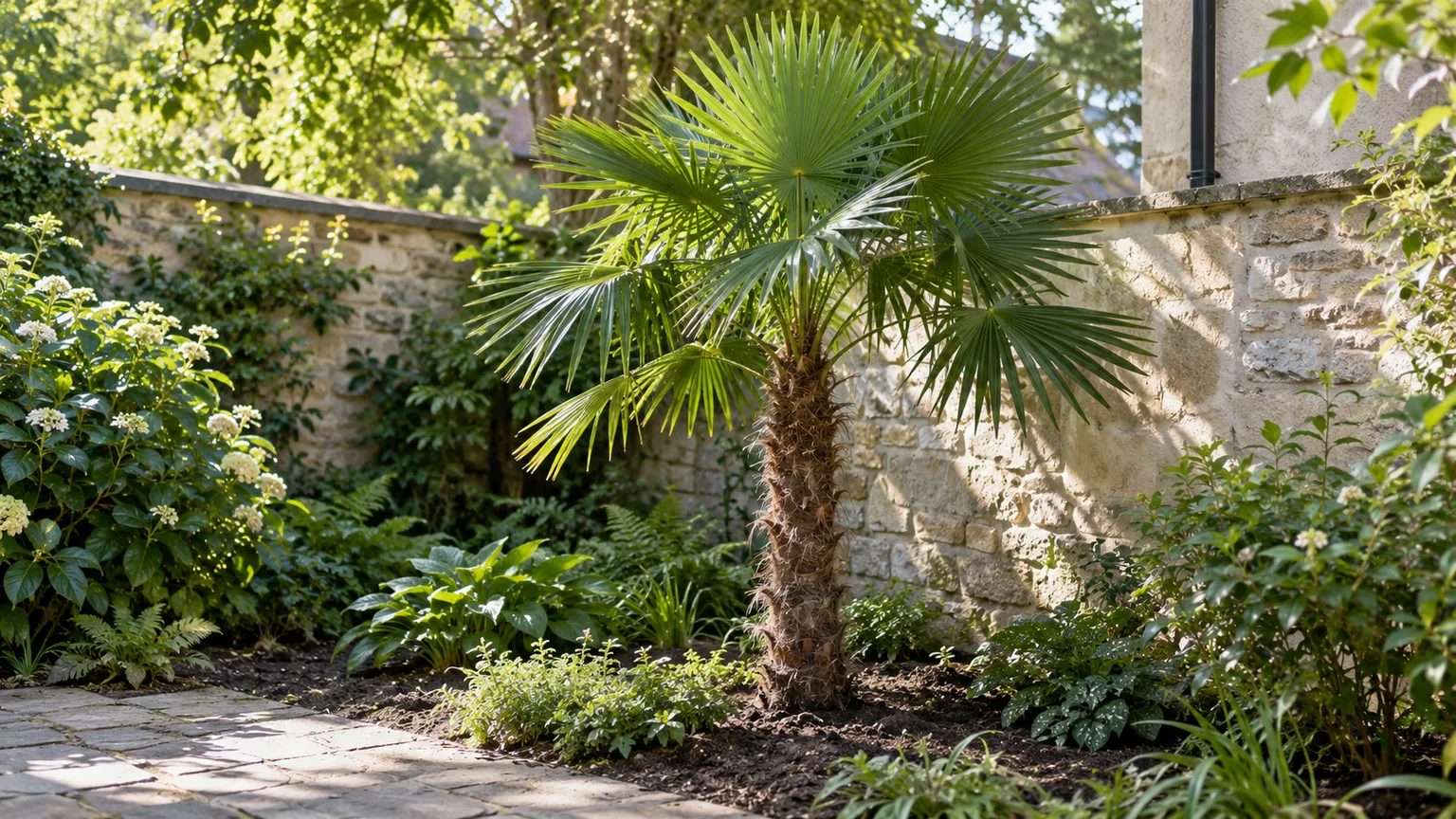 Windmill palm in a sheltered, partly shaded garden bed