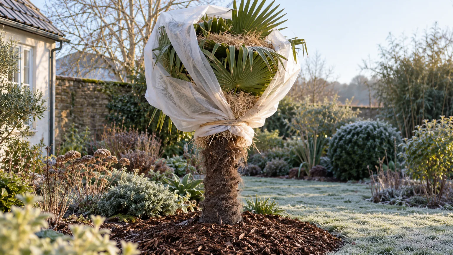 Breathable fleece and mulch protecting a windmill palm during a cold spell